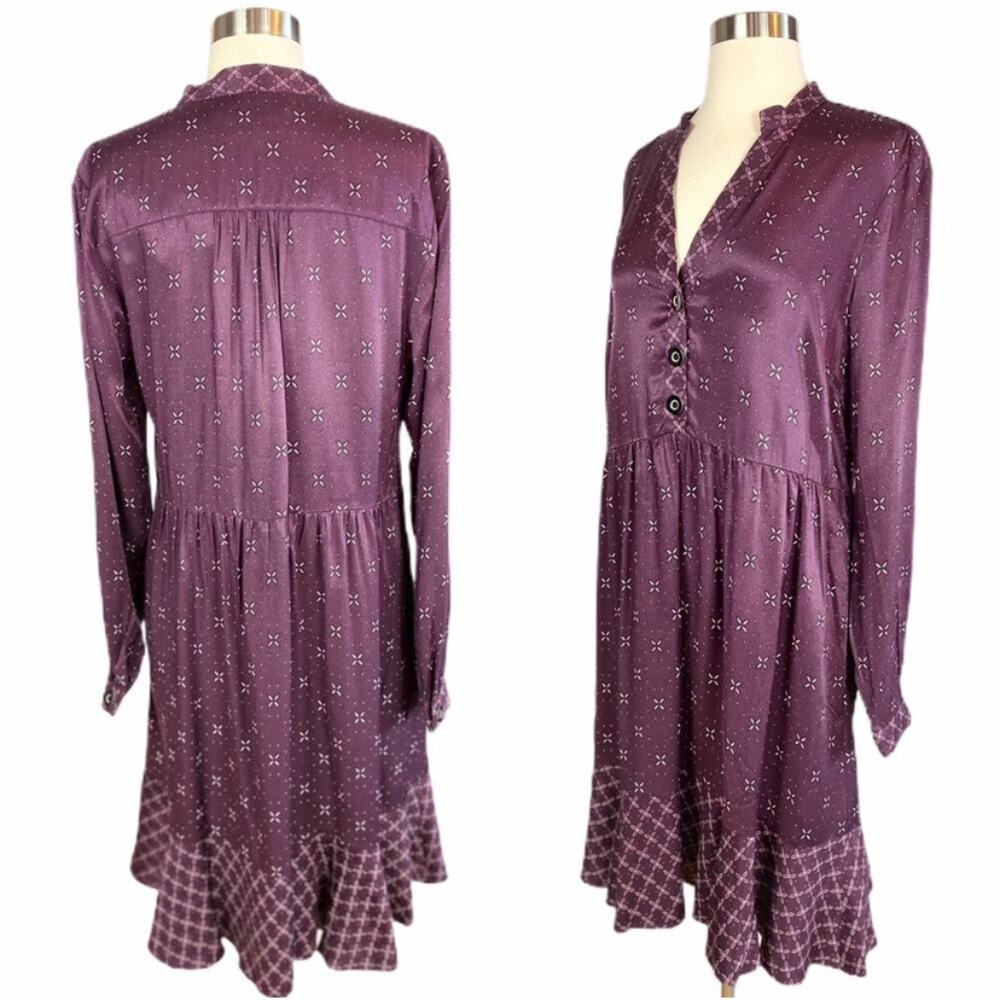 ANTHROPOLOGIE Burgundy Shirt Dress Maeve Gillian Abstract Tunic Flounce Medium - Picture 3 of 8
